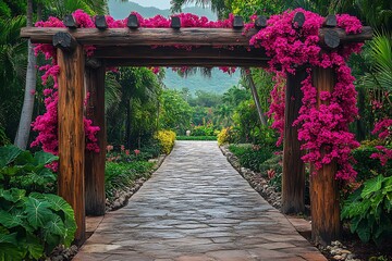 Resort entrance pathway lined with bougainvillea high resolution picture