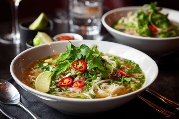 Pho Suppe Rindfleisch Vietnamesisch Nudelsuppe Asiatisch Kräuter Limette Chili Brühe Frisch Exotisch Streetfood Rezept Authentisch Aromatisch Mittagessen Gesund Hausgemacht Küche