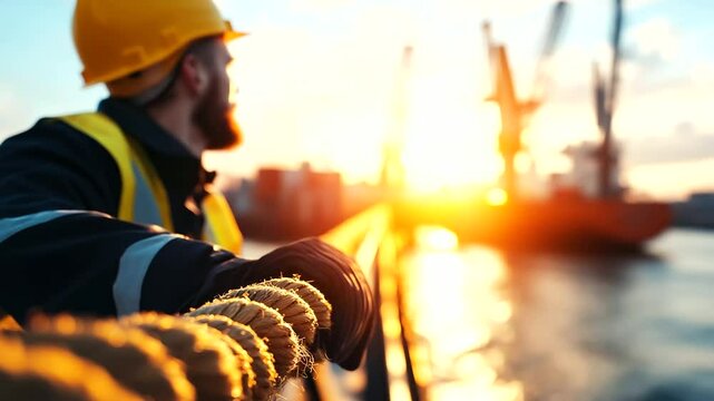 Close-up of crew managing mooring lines at bow of container ship, sunlight flaring on metal hardware