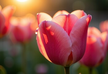 Close-up of a pink tulip flower illuminated by warm sunlight during sunset