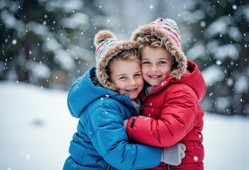 Fototapeta premium Two cheerful boys embrace in winter jackets while snow falls around them