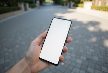 Hand holding a smartphone with a blank screen in an outdoor setting