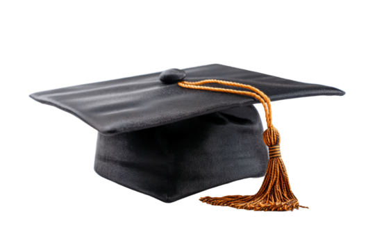 Black graduation cap with orange tassel on white background, cut out