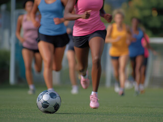 Fototapeta premium Group of female athletes running on a soccer field, focused on the ball, showcasing teamwork and athleticism in a vibrant outdoor sports environment