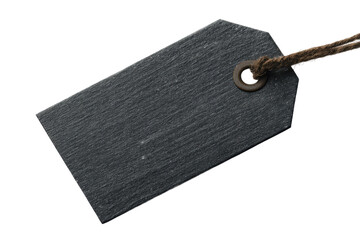 Simple black blank slate tag with twine string on black background, cut out