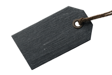 Simple black blank slate tag with twine string on black background, cut out