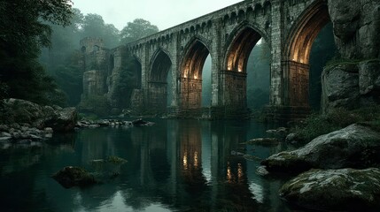 Obraz premium Enchanted Archways Over Serene Waters Ancient Stone Structure Reflecting in Calm River Mystic