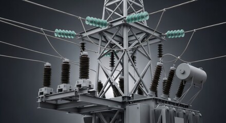 Electricity substation transformer on a dark background. Industrial grid infrastructure with high voltage equipment. Power distribution network engineering.