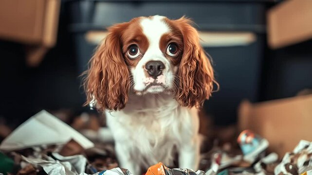 Cavalier King Charles Spaniel surrounded by overturned trash bin contents, giving wide-eyed guilty expression