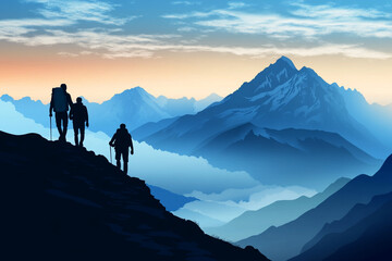 Hiking route design with silhouetted peaks and sky