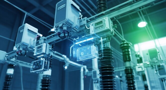 Smart energy grid control unit with holographic interface. Modern electrical substation for efficient power distribution network.