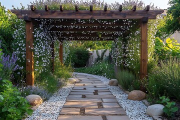 Romantic garden arch covered with flowers high resolution picture