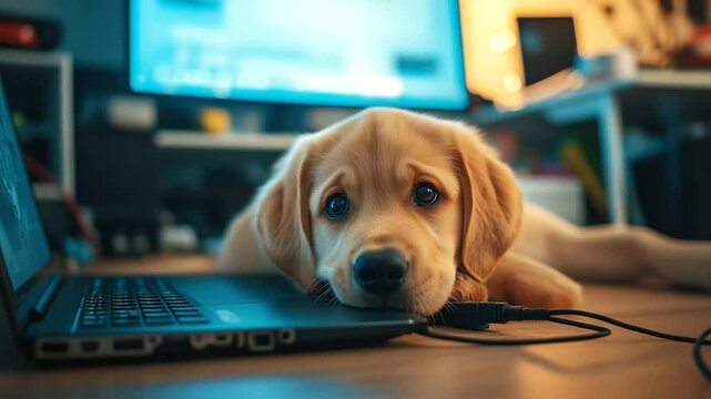 Mutt puppy with innocent face in the middle of a home office chaos, chewed laptop cord dangling beside it