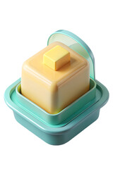 A vibrant 3d illustration of a butter dish with a stick of butter atop and its lid slightly open.