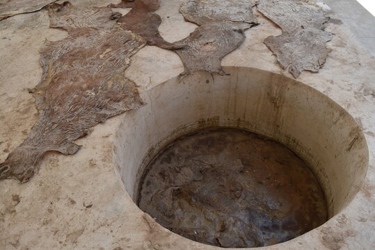 Peaux de mouton s&eacute;chant pr&egrave;s d'un bassin de tannage du cuir.
