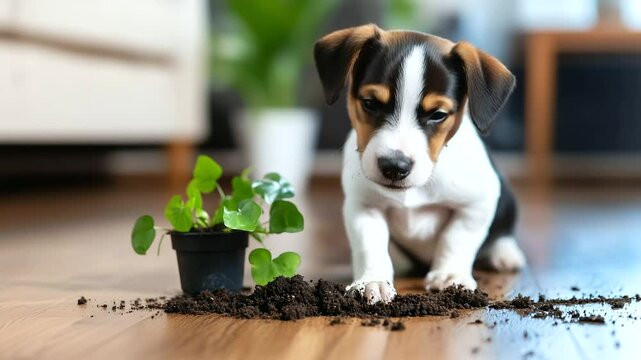 Close-up of mischievous terrier puppy sitting beside indoor plant tipped over, soil all over wooden floor
