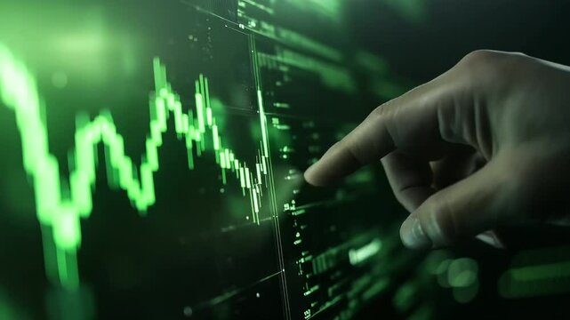 Investor hand points at screen showing parabolic green candle climb, reflecting sudden altcoin breakout