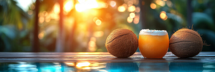 Coconuts and orange cocktail with ice cubes on the beach at sunset.