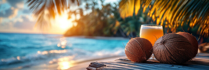 Coconuts and orange cocktail with ice cubes on the beach at sunset.