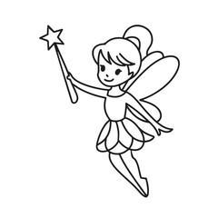 Cute Flying Fairy with Magic Wand – Black and White Coloring Page for Kids