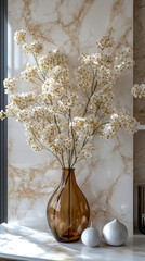 Elegant floral arrangement of white blossoms in amber glass vase against marble backdrop, a composition for interior decoration