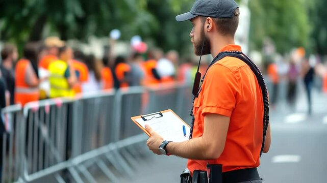 Man with walkie-talkie and clipboard oversees outdoor event perimeter, steel barricades and crowd visible in background