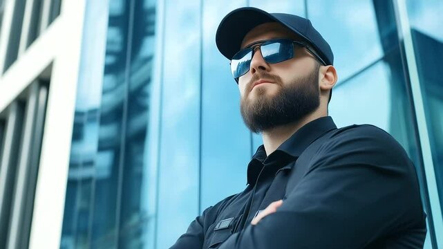 Close-up on serious guard&rsquo;s face as he listens to radio instructions, standing beside modern glass building