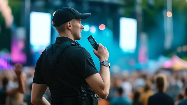 Security professional holds walkie-talkie with one hand, other on hip, watching over outdoor concert venue setup