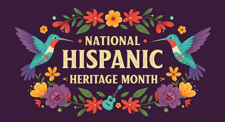 National Hispanic Heritage Month Celebration Banner with Colorful Hummingbirds and Floral Garland Illustration