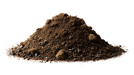 Rich loamy soil mound, varied particle sizes, organic garden medium. Horticultural material study. Isolated on transparent background.