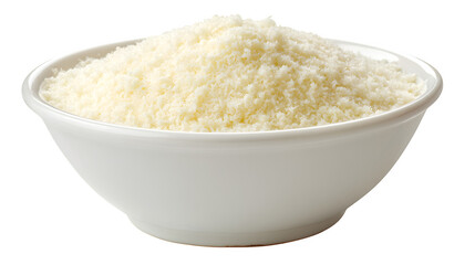 Simple white ceramic bowl filled with finely grated Parmesan cheese, ready for sprinkling. Italian cuisine condiment. Isolated on transparent background.