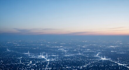 Aerial view of glowing electric data network. Smart city network and big data technology. Global city communication system.