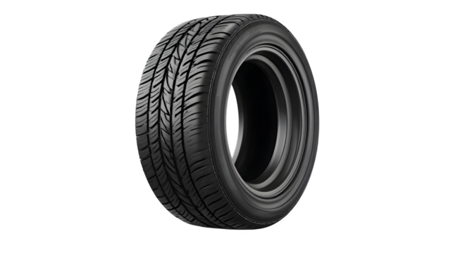Single black rubber car tire standing vertically, displaying sidewall and tread. Automobile part illustration. Isolated on transparent background.
