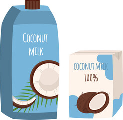 Coconut milk in cardboard package, fresh tropical drink, cartoon vector illustration