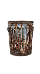 An old beat up rusty, dented, isolated metal garbage can. trash, tin, old, dented, corroded, weathered, isolated, damaged, aged, discarded, container, bin, waste, refuse, dirty, decayed, worn,