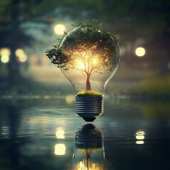 A light bulb with a tree inside floating above water with blurred lights in background