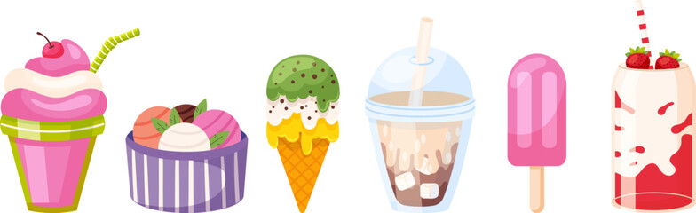 Sweet milk desserts and drinks cartoon vector illustration set