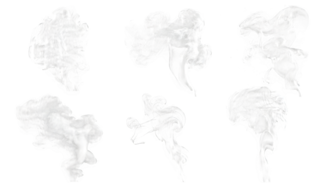 Varied white smoke formations, differing density and curl patterns, atmospheric effect. Visual effects resource collection. Isolated on transparent background.