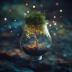 A small tree growing inside a lightbulb with a blurred background and bokeh lights around it