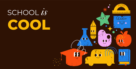 School is Cool poster with funny hand drawn cartoon characters 