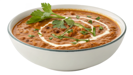 Bowl of creamy dal makhani, food-centered composition isolated on transparent background.