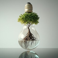 A lightbulb with a tree growing inside and water at the bottom on a reflective surface
