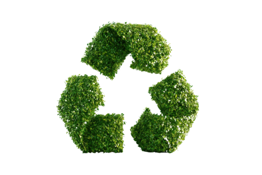A green recycling symbol made of grass on a white isolated background, promoting sustainability and eco-friendliness.