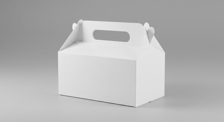 A minimalist studio shot of a plain white cardboard gable box with a handle on a neutral gray background