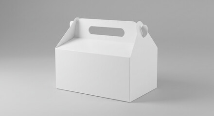 A simple white cardboard box with a handle sits on a gray surface in a studio setting for product display