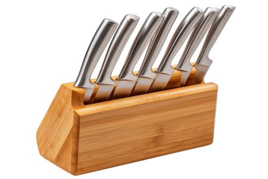 Elegant knife set in a bamboo block, perfect for modern kitchen decor and culinary tasks.