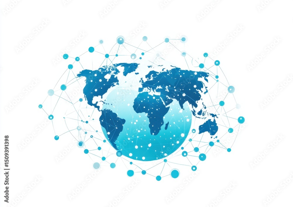 Poster abstract global network concept with a blue world map on a white background technology and connectiv