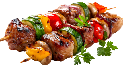 A skewer of food with vegetables and meat