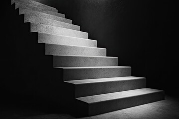 A grayscale perspective of concrete steps leading upwards into a dimly lit space