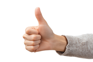 Hand giving a thumbs up gesture, symbolizing approval or positivity, on a white isolated background